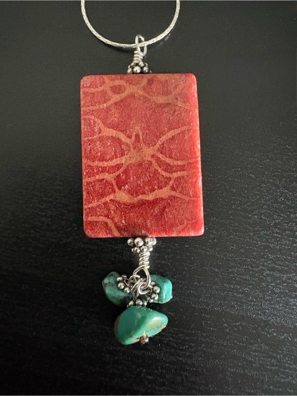 Coral and Turquoise Pendant with 925 Silver Chain